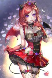 Rule 34 | 10s, 1girl, bare shoulders, blush, breasts, cleavage, demon girl, dress, fishnet thighhighs, fishnets, garter straps, gloves, highres, horns, lma, looking at viewer, love live!, love live! school idol festival, love live! school idol project, medium breasts, nishikino maki, parted lips, purple eyes, red hair, short hair, smile, solo, tail, thighhighs, wings