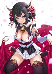 Rule 34 | 1girl, barefoot, bell, black hair, black thighhighs, blue eyes, blush, breasts, bridal gauntlets, cleavage, closed mouth, commentary request, deca purio, double bun, dress, elbow gloves, eyebrows hidden by hair, feet, flower, gloves, hair bun, hair flower, hair ornament, highres, holding, horns, looking at viewer, medium breasts, motion blur, original, petals, pleated skirt, red carpet, red flower, red ribbon, ribbon, short hair, simple background, sitting, skirt, smile, solo, thighhighs, toeless legwear, wariza, white background, white dress