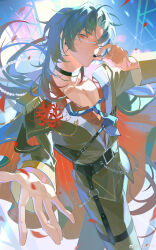 Rule 34 | 1boy, absurdres, alternate costume, beckoning, belt, belt buckle, belt chain, black belt, black cape, black choker, blade (honkai: star rail), blue hair, blue necktie, buckle, cape, choker, corsage, cowboy shot, curtained hair, earrings, epaulettes, eyepatch, falling petals, flower, green jacket, green pants, hair over one eye, hand on headset, harness, headpiece, highres, honkai: star rail, honkai (series), idol, jacket, jewelry, lapels, long hair, long sleeves, looking at viewer, loose necktie, luningzi, male focus, necktie, o-ring, open hand, pants, parted lips, partially unbuttoned, pectoral cleavage, pectorals, petals, red cape, red eyes, red flower, red shirt, shirt, side cape, single epaulette, solo, spider lily, stage, stage lights, standing, stud earrings, thigh strap, truss, two-sided cape, two-sided fabric, weibo logo, weibo watermark