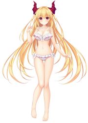 Rule 34 | 1girl, absurdres, barefoot, bikini, blonde hair, blush, bow, bracelet, breasts, cleavage, closed mouth, collarbone, dragon horns, drapri guu-ta-life 2, floating hair, flower, frilled bikini, frills, full body, game cg, gluteal fold, hair between eyes, hair flower, hair ornament, haru (drapri guu-ta-life), highres, horns, jewelry, large breasts, long hair, looking at viewer, navel, red eyes, red horns, smile, solo, standing, swimsuit, tachi-e, takano yuki (allegro mistic), thigh gap, transparent background, very long hair, white bikini, white bow, yellow flower