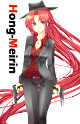 Rule 34 | 1girl, absurdly long hair, braid, character name, fedora, female focus, finger on trigger, formal, gun, handgun, hat, highres, holding, holding gun, holding weapon, hong meiling, long hair, pant suit, pants, red hair, solo, suit, thigh gap, touhou, very long hair, weapon, xe-cox