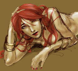 Rule 34 | 1girl, dancer, female focus, fire emblem, fire emblem: the sacred stones, jewelry, lips, lipstick, lots of jewelry, makeup, nail polish, nintendo, nude, red eyes, red hair, sketch, solo, tethys (fire emblem)