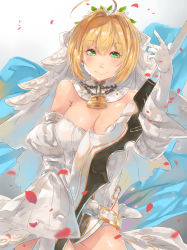Rule 34 | 10s, 1girl, :&gt;, absurdres, ahoge, bare shoulders, blonde hair, blush, breasts, chain, cleavage, closed mouth, denizen tomo, detached collar, detached sleeves, dress, elbow gloves, fate/extra, fate/extra ccc, fate (series), gloves, green eyes, hair between eyes, hair intakes, highres, large breasts, lock, looking at viewer, nero claudius (bride) (fate), nero claudius (bride) (second ascension) (fate), nero claudius (fate), nero claudius (fate) (all), padlock, padlocked collar, petals, solo, sword, veil, weapon, white background, white dress, white gloves