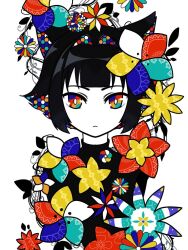 Rule 34 | 1girl, abstract, animal ears, black hair, black shirt, bright pupils, cat ears, cat girl, closed mouth, colored inner hair, colored skin, flower, halftone, highres, looking at viewer, machigami yoh, multicolored eyes, multicolored flower, multicolored hair, no nose, original, shirt, short hair, simple background, solo, straight-on, turtleneck, upper body, white background, white pupils, white skin