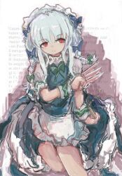 1girl absurdres apron blue_hair closed_mouth commentary dress german_text hatut highres holding holding_knife izayoi_sakuya knife long_hair looking_at_viewer maid maid_apron maid_headdress red_eyes simple_background solo touhou translation_request waist_apron white_background