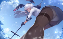 Rule 34 | 10s, 1girl, angry, ass, bent over, blue sky, brown eyes, day, fingerless gloves, from below, gloves, highres, kantai collection, kneepits, long hair, looking at viewer, looking back, md5 mismatch, murakumo (kancolle), outdoors, panties, panties under pantyhose, pantyhose, polearm, resolution mismatch, silver hair, sky, sola7764, solo, splashing, thighband pantyhose, underwear, upskirt, water, weapon, white panties