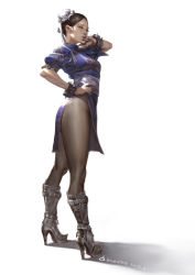 Rule 34 | 10s, 1girl, 2012, absurdres, alternate footwear, black hair, blue dress, boots, bracelet, breasts, bun cover, capcom, china dress, chinese clothes, chun-li, commentary, dong-wook shin, double bun, dress, fashion, forehead, full body, grey pantyhose, hair bun, half-closed eyes, hand on own hip, high heel boots, high heels, highres, image sample, jewelry, lips, long legs, looking back, nose, pantyhose, pelvic curtain, puffy short sleeves, puffy sleeves, realistic, sash, shadow, short hair, short sleeves, side slit, signature, solo, spiked bracelet, spikes, street fighter, very short hair, white background