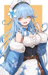 Rule 34 | 1girl, absurdres, blue hair, blue neckwear, blue ribbon, breasts, cleavage cutout, clothing cutout, flower, hair between eyes, hair flower, hair ornament, hat, highres, hololive, long hair, medium breasts, nyucha, open mouth, orange background, pointy ears, ribbon, smile, solo, two-tone background, virtual youtuber, white background, white hat, yukihana lamy