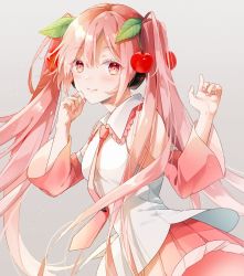 Rule 34 | 1girl, blush, breasts, cherry hair ornament, crypton future media, detached sleeves, food, food-themed hair ornament, fruit, gradient background, grey background, hair ornament, hands up, hatsune miku, headphones, highres, long hair, looking at viewer, nail polish, necktie, piapro, pink eyes, pink hair, pink nails, pink necktie, pink skirt, pink sleeves, pink thighhighs, pleated skirt, sakura miku, shirt, skirt, sleeveless, sleeveless shirt, small breasts, smile, solo, tadano yukiko, thighhighs, twintails, very long hair, vocaloid, white shirt