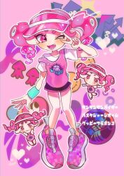 Rule 34 | 1girl, absurdres, black shorts, collarbone, commentary request, eyelashes, fang, heart, highres, medium hair, nintendo, octoling, octoling girl, octoling player character, one eye closed, open mouth, payayo884, pink background, pink eyes, pink footwear, pink hair, pink shirt, print shirt, shirt, shoes, short shorts, shorts, splatoon (series), squid, teeth, tentacle hair, twintails, v, visor cap