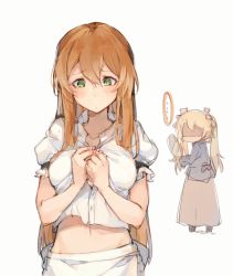 Rule 34 | ..., 2girls, alternate costume, alternate hairstyle, apron, blonde hair, blush, breasts, brown hair, buttoning, buttons, cleavage, closed mouth, collarbone, cosplay, costume switch, enmaided, faceless, g36 (girls&#039; frontline), girls&#039; frontline, green eyes, hair between eyes, hair ribbon, holding, holding mirror, imoko (imonatsuki), jacket, large breasts, long hair, long skirt, long sleeves, looking at breasts, looking back, maid, mirror, multiple girls, puffy short sleeves, puffy sleeves, ribbon, shirt, short sleeves, sidelocks, simple background, skirt, springfield (girls&#039; frontline), twintails, unbuttoned, unbuttoned shirt, very long hair, white background, worried