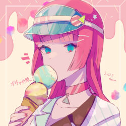 Rule 34 | 1boy, androgynous, blue eyes, choker, double scoop, food, hat, highres, holding food, holding ice cream, ice cream, ice cream cone, long hair, looking at viewer, male focus, multicolored eyes, neon (technoroid), pink choker, pink eyes, pink hair, shenaa, solo, technoroid, white background