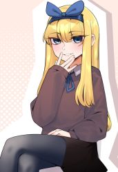 Rule 34 | 1girl, black pantyhose, black skirt, blonde girl (popopoka), blonde hair, blue bow, blue eyes, blue hairband, blue ribbon, blush, borrowed character, bow, commentary, crossed legs, evil smile, hairband, hand on own knee, hand up, highres, long hair, long sleeves, looking at viewer, neck ribbon, original, pantyhose, ribbon, sitting, skirt, smile, solo, yeun