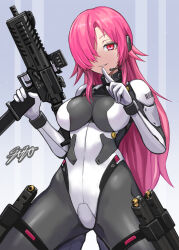 Rule 34 | 1girl, ammunition, barcode, bodysuit, breasts, bullet, commission, finger to mouth, gun, hair over one eye, handgun, handgun cartridge, headset, holding, holding gun, holding weapon, hollow-point bullet, index finger raised, long hair, looking at viewer, machine pistol, magazine (weapon), medium breasts, original, personal defense weapon, pink eyes, pink hair, pistol, pistol cartridge, rifle, science fiction, signature, skeb commission, skin tight, solo, st kinetics cpw, submachine gun, sunao (70 the), thigh strap, trigger discipline, weapon, weapon request