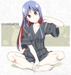 Rule 34 | 1girl, barefoot, blue hair, breasts, character name, cleavage, closed mouth, clothes writing, collarbone, grey eyes, japanese clothes, jinbei (clothes), kantai collection, long hair, red hair, shigino sohuzi, short sleeves, smile, solo, south dakota (kancolle), star (symbol), toes, v-shaped eyebrows, white hair