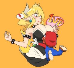 Rule 34 | !, 1boy, 1girl, 1up, areola slip, armlet, bare shoulders, between breasts, black dress, blonde hair, blue eyes, blush, bowsette, bracelet, breasts, cleavage, commentary, cowboy shot, dress, earrings, eyelashes, fang, full-face blush, gloves, hair between eyes, hat, head between breasts, horns, jewelry, large breasts, long hair, looking down, mario, mario (series), nervous sweating, new super mario bros. u deluxe, nintendo, off-shoulder dress, off shoulder, open mouth, orange background, ouma bunshichirou, overalls, pointy ears, ponytail, red headwear, simple background, spiked armlet, spiked bracelet, spikes, spoken exclamation mark, super crown, surprised, sweat, sweatdrop, tail, white gloves