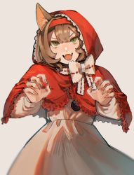 Rule 34 | &gt;:), 1girl, absurdres, alternate costume, animal ears, axis powers hetalia, belgium (hetalia), bow, brown hair, claw pose, claws, cosplay, fangs, frilled bow, frills, green eyes, hair intakes, halloween costume, headband, highres, kemonomimi mode, little red riding hood, little red riding hood (grimm), little red riding hood (grimm) (cosplay), looking at viewer, mi kan1609, paw pose, red headband, red hood, short hair, skin fangs, straight-on, v-shaped eyebrows, wavy hair, wolf girl