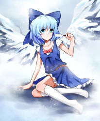 Rule 34 | 1girl, alternate wings, blue dress, blue eyes, blue hair, bow, cirno, collarbone, dress, feet, food, hair bow, ice, ice wings, kneehighs, looking at viewer, matching hair/eyes, no shoes, popsicle, rain (icetuofei), saliva, saliva trail, sash, sexually suggestive, shirt, short sleeves, sitting, socks, solo, sparkle, touhou, white socks, wings
