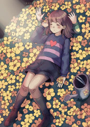 Rule 34 | 1girl, androgynous, brown hair, chara (undertale), closed eyes, field, flower, flower bed, frisk (undertale), from above, heart, highres, knees together feet apart, knees up, long sleeves, lying, nanahii, on back, shoes, short hair, shorts, socks, solo focus, spoilers, striped clothes, striped sweater, sweater, undertale, watering can, watermark, web address