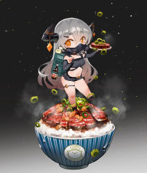 Rule 34 | 1girl, arm warmers, bare legs, black footwear, black shorts, bowl, brand name imitation, canking, chibi, crop top, delivery, detached sleeves, food, full body, gem, gun, hair ornament, heart, heart-shaped pupils, highres, holding, holding plate, holster, horns, in food, long hair, long sleeves, looking at viewer, mask, meat, midriff, mini person, minigirl, mouth mask, navel, orange eyes, original, plate, rice, rice bowl, short shorts, shorts, silver hair, size difference, solo, spring onion, standing, steak, steam, stomach, symbol-shaped pupils, thigh strap, uber eats, very long hair, weapon