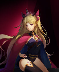 Rule 34 | 1girl, absurdres, ar (3779609928), black leotard, black thighhighs, blonde hair, breasts, cape, earrings, ereshkigal (fate), fate/grand order, fate (series), hair ribbon, hand on own hip, highres, jewelry, leotard, long hair, looking at viewer, red cape, red eyes, red ribbon, ribbon, single thighhigh, skull, small breasts, solo, spine, thighhighs, tiara, two side up, very long hair