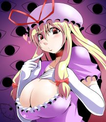 Rule 34 | 1girl, bad id, bad pixiv id, blonde hair, blush, bow, breast suppress, breasts, choker, cleavage, elbow gloves, female focus, framed breasts, gloves, hat, huge breasts, kara age, long hair, pointing, red eyes, solo, touhou, very long hair, white gloves, yakumo yukari