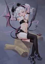 Rule 34 | 1girl, armpits, artist name, black gloves, black thighhighs, commentary, demon girl, demon tail, demon wings, detached sleeves, fkey, gloves, highres, horns, navel, original, potion, purple eyes, scroll, sharp teeth, shoes, solo, striped sleeves, tail, teeth, thighhighs, whip, white hair, wings