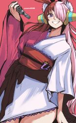 Rule 34 | 1girl, alternate costume, aosora2823, artist name, blush, cowboy shot, hair rings, highres, holding, holding microphone, japanese clothes, kimono, long hair, long sleeves, low twintails, microphone, multicolored clothes, multicolored hair, one piece, one piece film: red, pink hair, purple eyes, red background, red hair, smile, solo, teeth, twintails, two-tone hair, uta (one piece), wide sleeves
