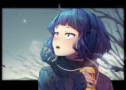 Rule 34 | 1girl, abiko yuuji, ahoge, audio jack, blue hair, boku no hero academia, can, commentary request, fingerless gloves, gloves, hand up, highres, holding, holding can, jacket, jirou kyouka, letterboxed, long sleeves, looking to the side, open mouth, outdoors, portrait, scarf, short hair, solo, teeth, twitter username, upper body, upper teeth only