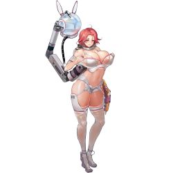 Rule 34 | 1girl, ahoge, bare shoulders, bikini, blush, bodysuit, breasts, collar, crotch plate, curvy, fortune (last origin), full body, game cg, garter belt, unworn headwear, helmet, unworn helmet, high heels, highres, huge breasts, large breasts, last origin, looking at viewer, mechanical arms, mechanical parts, navel, off shoulder, official alternate costume, official art, open mouth, pulled by self, red eyes, red hair, revealing clothes, see-through, short hair, sima (startwitch), single mechanical arm, smile, solo, swimsuit, tachi-e, thighhighs, thighs, transparent background, undressing, wet, white bikini