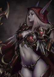 Rule 34 | 1girl, armor, between breasts, bikini armor, boots, bow (weapon), breasts, elbow gloves, elf, gloves, highres, holding, holding weapon, hood, jungon kim, long hair, looking away, makeup, md5 mismatch, navel, pale skin, parted lips, pointy ears, profile, red eyes, skull, small breasts, solo, sylvanas windrunner, thigh boots, thighhighs, thong, warcraft, weapon, white hair, world of warcraft