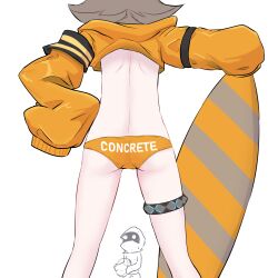 Rule 34 | 1girl, arknights, ass, back, bikini, bikini bottoms, brown hair, cameltoe, cement (arknights), clothes writing, doctor (arknights), from behind, highres, infection monitor (arknights), kelsuis, legs, long sleeves, orange bikini, shoulder blades, surfboard, swimsuit, tagme