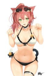 Rule 34 | 1girl, absurdres, animal ears, bare shoulders, bell, bikini, breasts, cat ears, cat tail, chaciooh, choker, cleavage, collarbone, cowboy shot, eyewear on head, fang, girls&#039; frontline, green eyes, groin, hair between eyes, highres, jingle bell, long hair, looking at viewer, medium breasts, navel, official alternate costume, paw pose, pink hair, ponytail, r93 (girls&#039; frontline), r93 (holiday lucky star) (girls&#039; frontline), side-tie bikini bottom, sidelocks, signature, simple background, smile, solo, stomach, sunglasses, swimsuit, tail, tail bell, tail ornament, thigh strap, white background