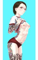 Rule 34 | 1girl, arched back, arm tattoo, blue background, blush, breasts, brown eyes, brown hair, buruma, clothes lift, cowboy shot, flower tattoo, from side, frown, full-body tattoo, glasses, gym uniform, kozonohurugowye, leaning forward, leg tattoo, lifting own clothes, looking at viewer, navel, navel piercing, nipple piercing, nipple rings, nipples, no bra, piercing, pubic tattoo, red-framed eyewear, shirt, shirt lift, short hair, simple background, small breasts, solo, standing, sweat, t-shirt, tattoo, thighs, tribal tattoo