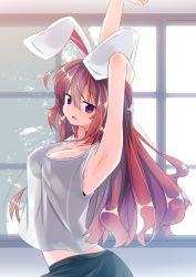 Rule 34 | 1girl, animal ears, armpits, arms up, bare arms, bare shoulders, black skirt, blush, breasts, camisole, cleavage, commentary request, earrings, glint, hair between eyes, highres, jewelry, large breasts, long hair, looking at viewer, original, parted lips, rabbit ears, rabbit girl, red eyes, red hair, ryogo, skirt, smile, solo, usami tsuitachi, very long hair, white camisole, window