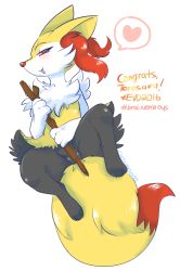 Rule 34 | animal ear fluff, animal ears, animal nose, blush, braixen, chinad011, covering crotch, covering privates, creatures (company), evolution championship series, fox ears, fox tail, furry, game freak, gen 6 pokemon, groin, highres, long tail, lying, naughty face, nintendo, on back, open mouth, partially visible vulva, pokemon, pokemon (creature), pokemon xy, red eyes, smile, snout, solo, spread legs, stick, tail