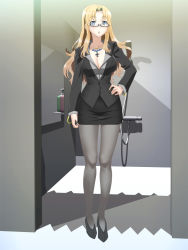 Rule 34 | 1girl, blonde hair, blue eyes, breasts, business suit, cleavage, cross, cross necklace, feet, formal, glasses, hand on own hip, high heels, large breasts, legs, long hair, looking at viewer, nightmare express, pantyhose, skirt, standing, suit, thighs
