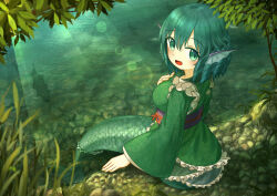 Rule 34 | 1girl, :d, absurdres, aqua hair, blurry, blush, bokeh, breasts, day, depth of field, ekaapetto, fins, fish, frilled kimono, frills, from above, from behind, green eyes, green kimono, hair between eyes, head fins, highres, japanese clothes, kimono, lake, large breasts, long sleeves, looking at viewer, looking back, mermaid, monster girl, nature, obi, on ground, open mouth, outdoors, ringlets, sash, shore, short hair, short kimono, sitting, smile, soaking feet, sunlight, touhou, wakasagihime, water, wide sleeves