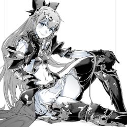Rule 34 | 10s, 1girl, armor, bad id, bad twitter id, black gloves, boots, bow, cross-laced footwear, dress, gloves, granblue fantasy, greyscale, hair bow, hair ornament, lace-up boots, long hair, monochrome, navel, pauldrons, ponytail, ribbon, short dress, shoulder armor, sitting, smile, solo, thighhighs, thighs, vira (granblue fantasy), zunta