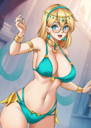 Rule 34 | 1girl, :d, armlet, blonde hair, blue eyes, bracelet, breasts, collar, collarbone, dancer, earrings, gina diggers, glasses, gold digger, hairband, haryudanto, highres, hypnosis, jewelry, large breasts, mind control, nail polish, navel, open mouth, revealing clothes, ringed eyes, round eyewear, sleeveless, smile, solo, variant set