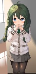 Rule 34 | 1girl, absurdres, ahoge, black pantyhose, blue eyes, blush, braid, cardigan, commentary request, fingers together, green hair, green necktie, grey skirt, hallway, hand to own mouth, highres, indoors, long hair, looking at viewer, necktie, open mouth, pantyhose, princess connect!, school uniform, shirt, skirt, solo, twin braids, twintails, white cardigan, white shirt, window, yamato (muchuu paradigm), yuni (princess connect!), yuni (real) (princess connect!)