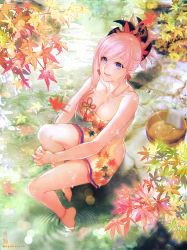 Rule 34 | 1girl, :d, anklet, asymmetrical hair, bare arms, bare shoulders, barefoot, breasts, cleavage, commentary request, day, earrings, fate/grand order, fate (series), full body, glint, hair ornament, jewelry, large breasts, leaf, leaf print, looking at viewer, maple leaf, miyamoto musashi (fate), open mouth, outdoors, pink hair, ponytail, purple eyes, revision, ripples, shutsuri, sitting, smile, soaking feet, solo, towel, water drop, wet