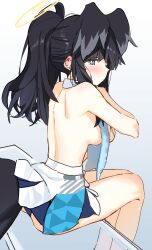 Rule 34 | 1girl, absurdres, animal ears, ass, back, black hair, blue archive, blue skirt, blush, breasts, cheerleader, closed mouth, detached collar, dog ears, dog tail, extra ears, feet out of frame, grey eyes, halo, hibiki (blue archive), hibiki (cheer squad) (blue archive), highres, large breasts, long hair, looking at viewer, millennium cheerleader outfit (blue archive), official alternate costume, sitting, skirt, solo, syhan, tail, yellow halo