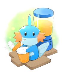 Rule 34 | black eyes, blender (object), blush, closed mouth, commentary request, creature, creatures (company), cup, drinking straw, game freak, gen 3 pokemon, highres, holding, looking at viewer, mudkip, nintendo, no humans, pokemon, pokemon (creature), sitting, siyuan (user wpmx5354), smile, solo, switch, wooden floor