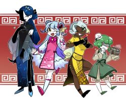 Rule 34 | 4girls, black dress, black gloves, blindfold, bloomers, blue hair, blush, bow, bun cover, china dress, chinese clothes, double bun, dress, full body, gloves, green dress, green hair, hair bun, hair ornament, heart, heart hair ornament, king of greed, knight of despair, lobotomy corporation, lolita fashion, long hair, looking at viewer, low ponytail, medium hair, multiple girls, one eye closed, open mouth, project moon, qi lolita, queen of hatred, servant of wrath, underwear, very long hair, w, wakame 031412, white bloomers, white hair, wonderlab, yellow bow, yellow dress