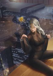 Rule 34 | 10s, 1girl, absurdres, bed, black bra, bodystocking, bra, breasts, city, collarbone, different reflection, dual persona, grey hair, hat, highres, indoors, jewelry, long hair, looking at viewer, mintbreak, nail polish, necklace, niijima sae, pants, persona, persona 5, red eyes, reflection, shadow (persona), shadow sae, sitting, skyline, solo, underwear, undressing, window