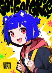 Rule 34 | 1girl, absurdres, animal ear fluff, animal ears, artist name, backpack, bag, black jacket, blue hair, blunt bangs, choker, fang, flat chest, gris (vertigris), hair bun, highres, hood, hooded jacket, jacket, light blush, long sleeves, looking at viewer, open clothes, open jacket, open mouth, original, pink eyes, shirt, short hair, simple background, smile, solo, upper body, vertigris, white shirt, yellow background