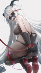 Rule 34 | 1girl, absurdres, aegir (azur lane), azur lane, backless outfit, ball gag, blindfold, bodystocking, bound, bound arms, bound legs, demon horns, from behind, gag, hair on horn, high heels, highres, horns, kneeling, lin jingling, long hair, looking at viewer, looking back, middle finger, multicolored hair, red hair, remote control vibrator, restrained, rope, sex toy, streaked hair, thong, underwear, vibrator, white hair, yellow eyes
