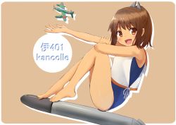 Rule 34 | 10s, 1girl, :d, absurdres, bare legs, bare shoulders, barefoot, blush, brown eyes, brown hair, character name, copyright name, feet, hair ornament, high ponytail, highres, i-401 (kancolle), kantai collection, knees up, looking at viewer, negishio, open mouth, revision, school swimsuit, seaplane, sitting, smile, solo, swimsuit, torpedo