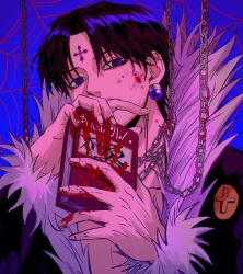 Rule 34 | 1boy, black hair, blood, blood on face, blood on hands, blue eyes, book, chain, chrollo lucilfer, commentary request, earrings, highres, holding, holding book, hunter x hunter, jacket, jewelry, kann 55, korean commentary, looking at viewer, male focus, pectoral cleavage, pectorals, short hair, solo, upper body